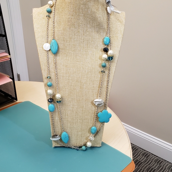 St Emerald, NWT, 2 turquoise, pearl beaded jeweled long silver fashion necklaces - Picture 6 of 16